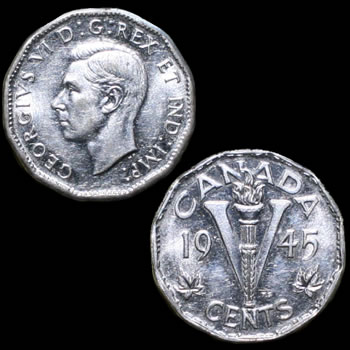 1944 - 1945 Canada 5 Cent Victory Nickel